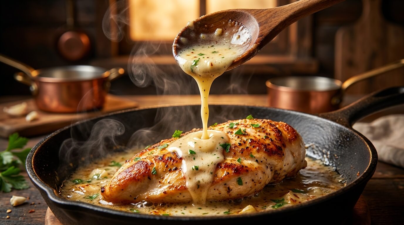 Close-up action shot of rich creamy garlic butter sauce being poured from a wooden spoon over a golden seared chicken breast in a dark skillet with rising steam.
