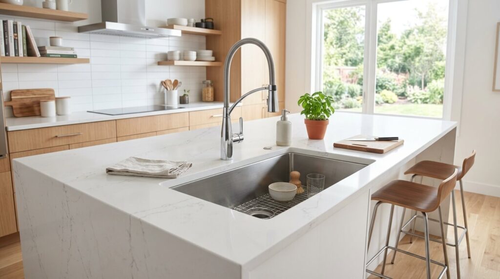 best kitchen faucet installed in a modern luxury kitchen island