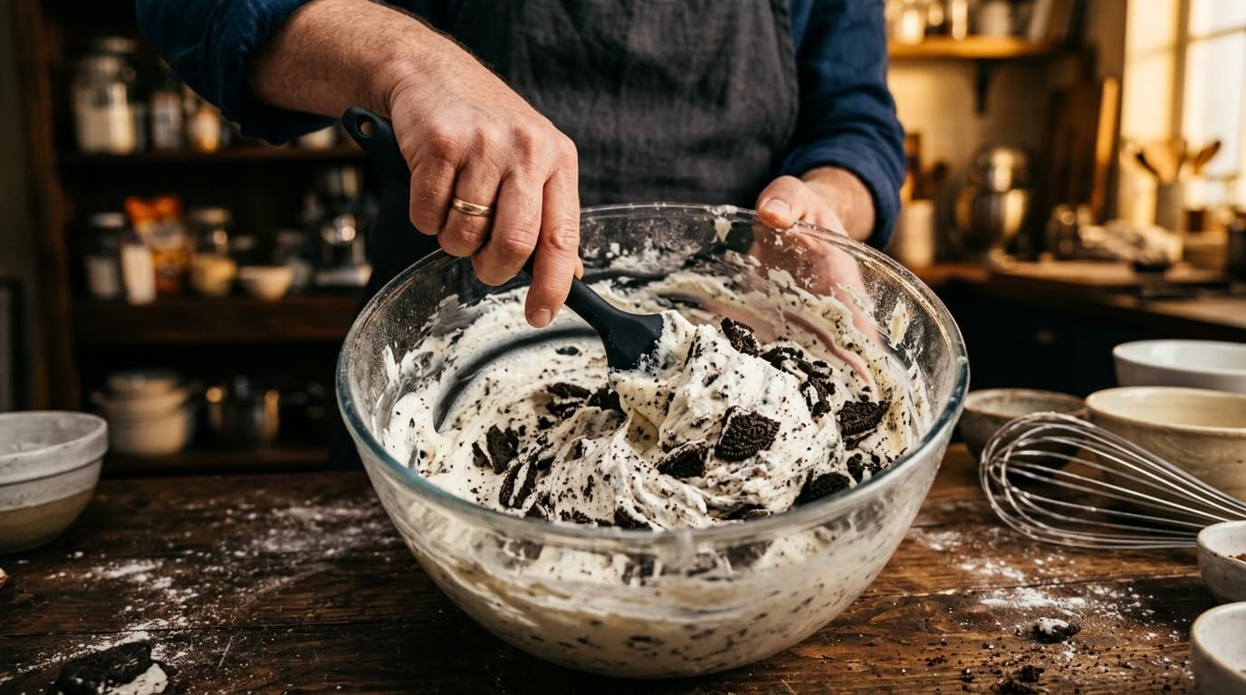 Folding-Oreos-Into-Cheesecake-Batter