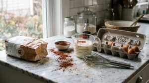 Raw ingredients including flour, cocoa powder, buttermilk, eggs, and sugar for a chocolate cake recipe