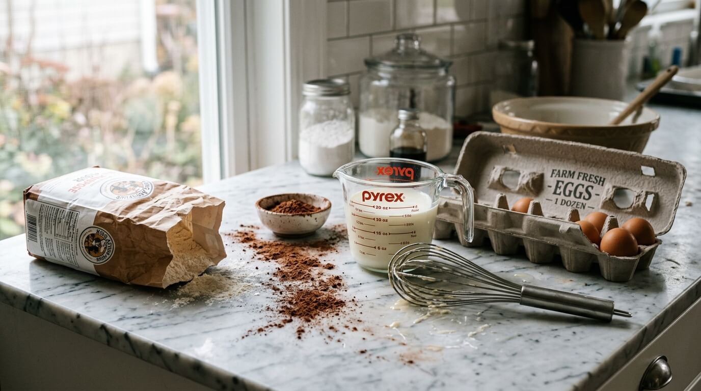 A messy kitchen counter showing flour, cocoa powder, scattered eggs, and measuring cups for an easy chocolate cake recipe.