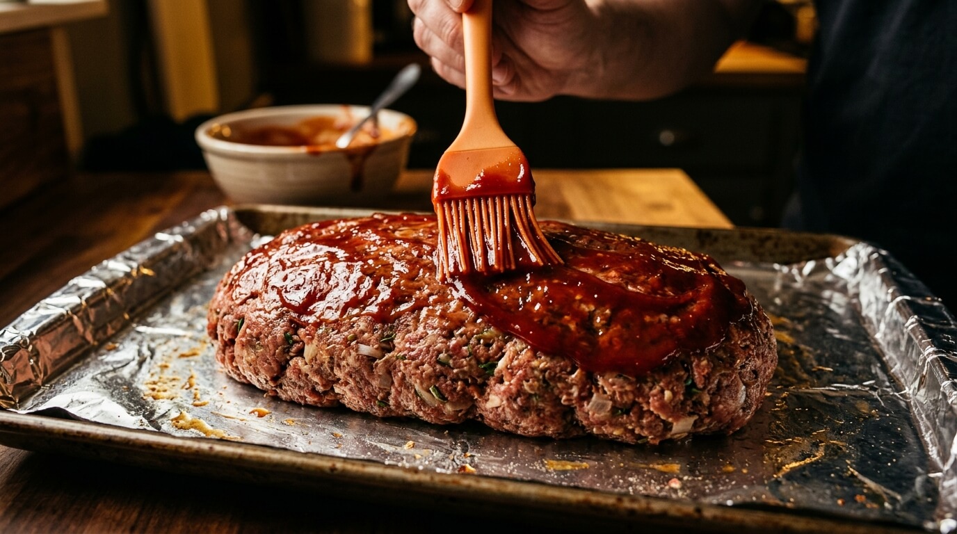 Action shot of a silicone brush spreading a thick red brown-sugar glaze over an uncooked meatloaf.