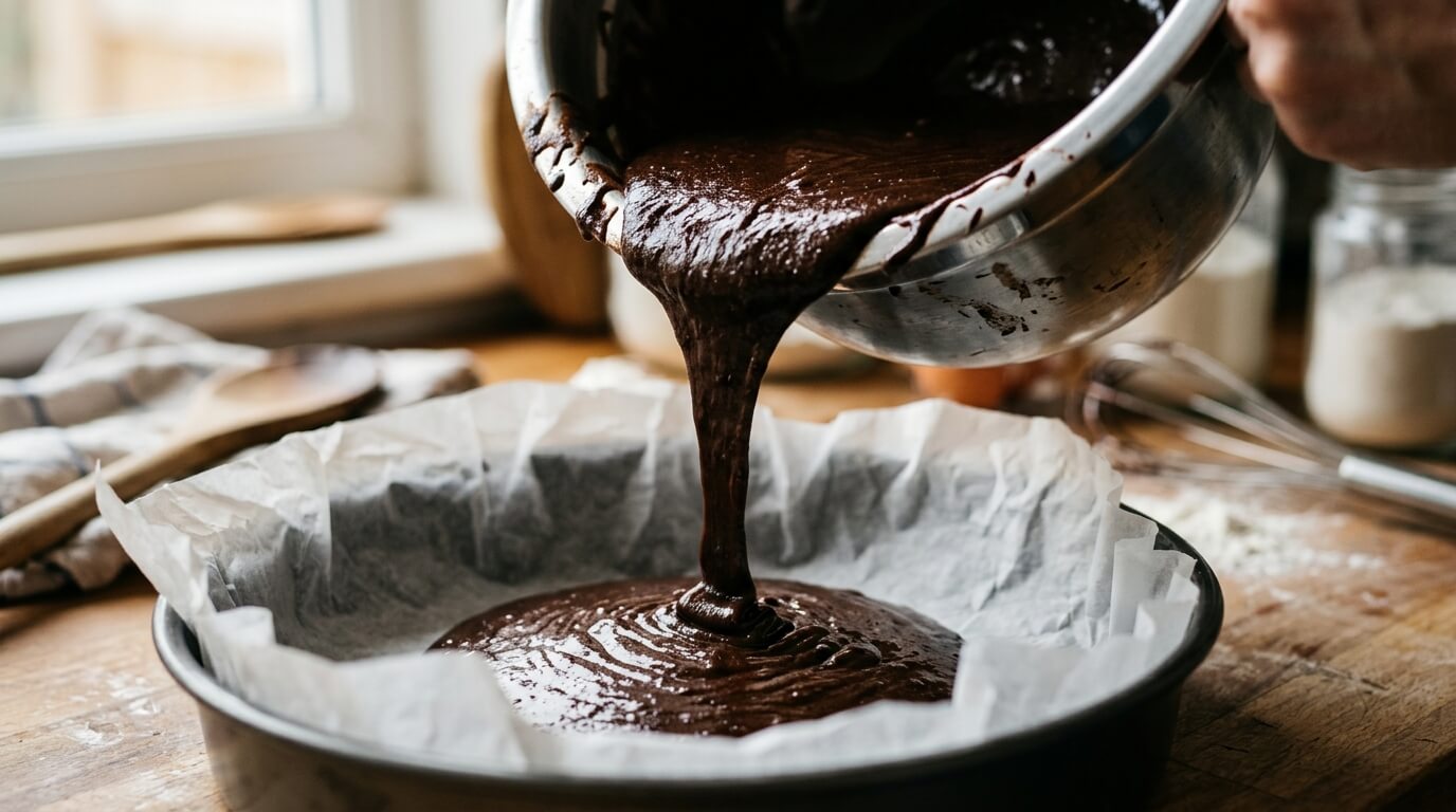 A person pouring very thin, dark batter into a parchment-lined baking tin for this ultimate chocolate cake recipe.