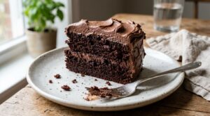 A slice of dark chocolate cake with rich chocolate buttercream frosting on a white dessert plate.
