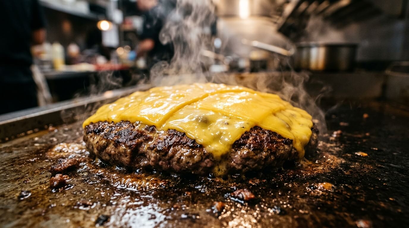 A massive beef patty covered in perfectly melted cheddar cheese cooking on a hot grill.