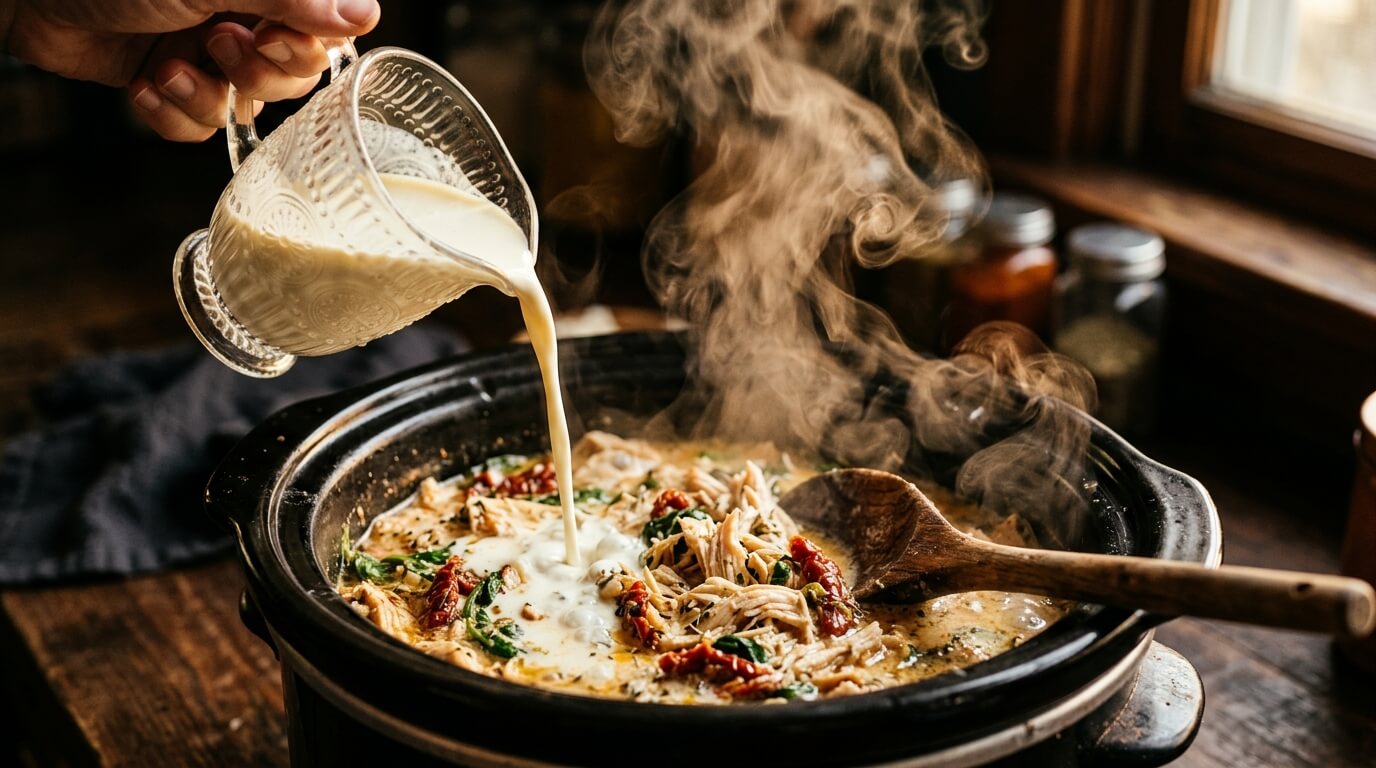 Action shot of heavy cream being poured into a slow cooker filled with shredded chicken, sun-dried tomatoes, and savory broth.