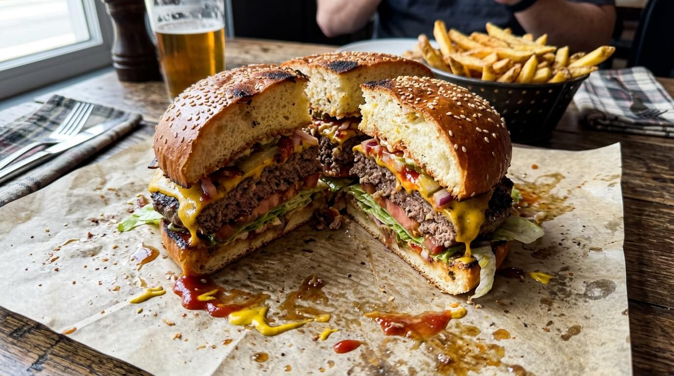 A fully assembled giant cheeseburger recipe cut into large slices to serve at a party.