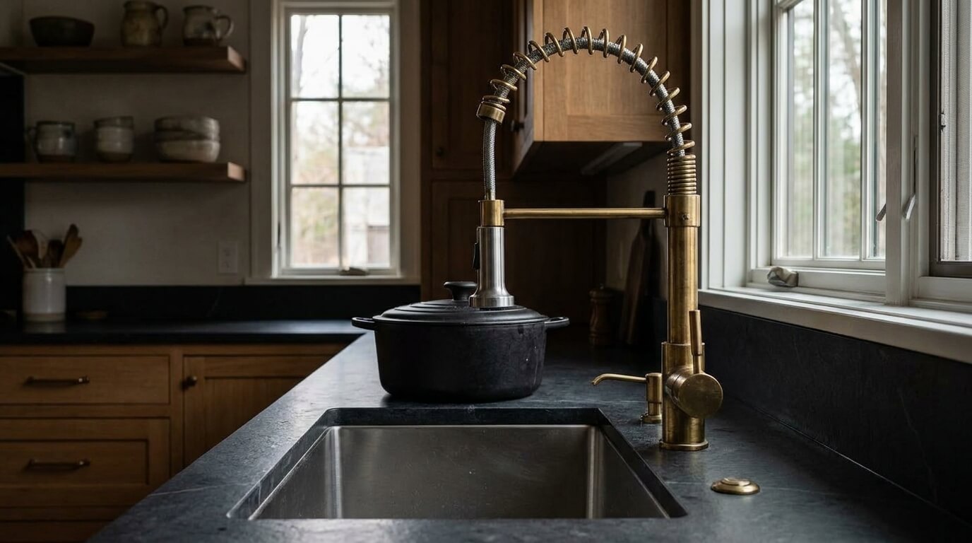 kraus commercial style heavy duty faucet over a cast iron pot