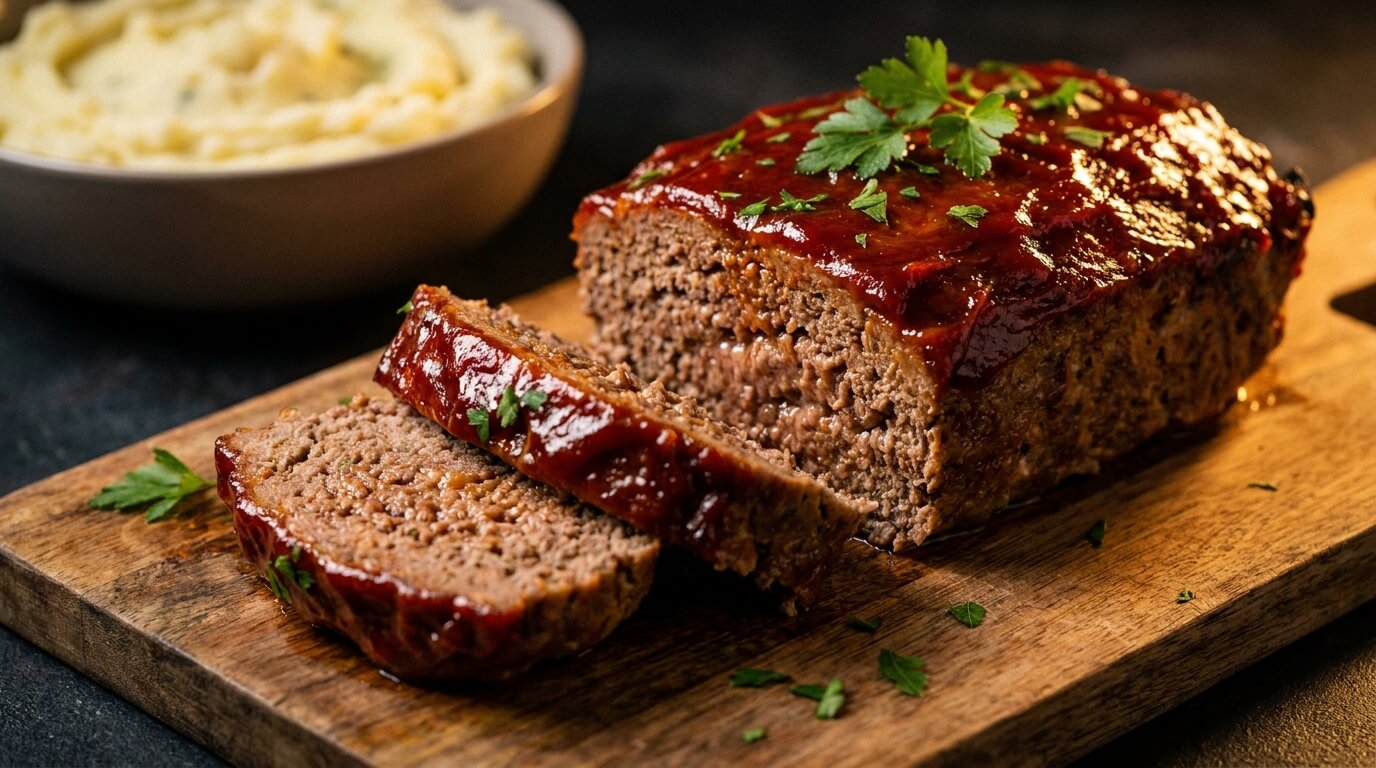 Thick slices of juicy homemade meatloaf with a sticky caramelized red glaze on a wooden cutting board.