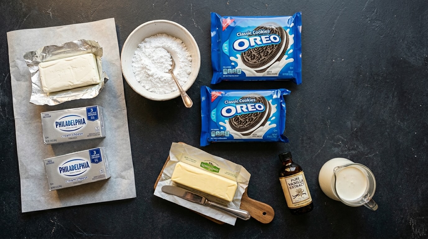 Flat lay arrangement of Oreo cookies, cream cheese blocks, heavy cream, butter, and powdered sugar on a dark countertop.