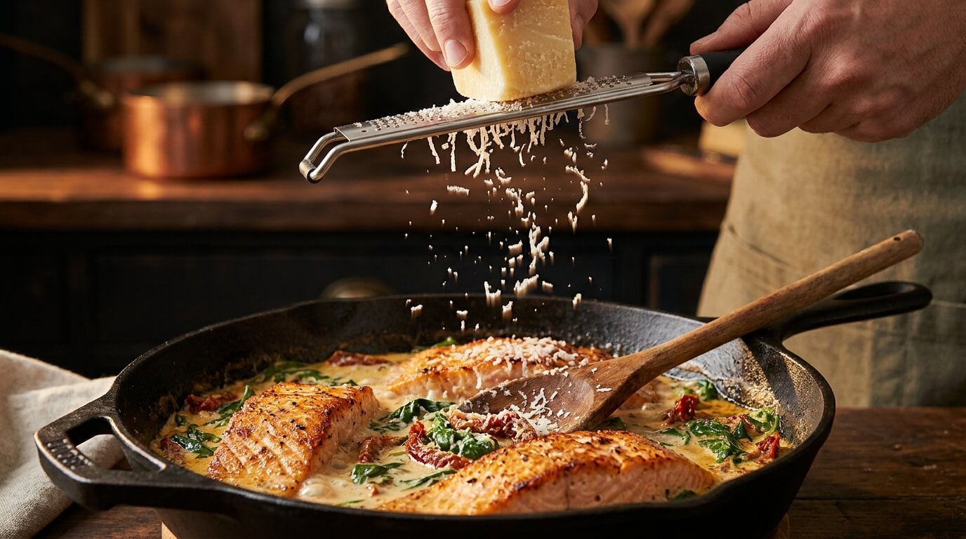 Action shot of grated parmesan cheese falling into a bubbling creamy sun-dried tomato and spinach sauce in a skillet.