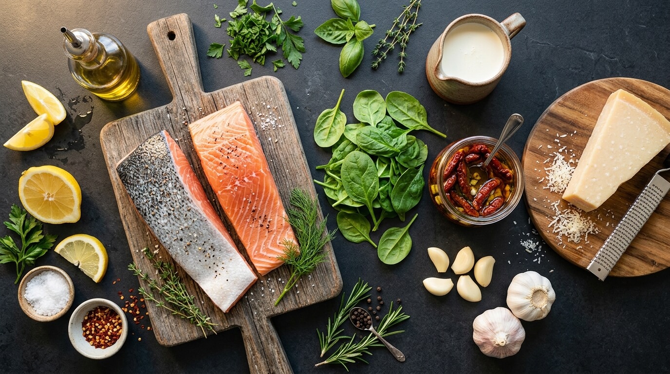 Flat lay arrangement of raw salmon fillets, heavy cream, sun-dried tomatoes, fresh spinach, and parmesan cheese on a dark countertop.