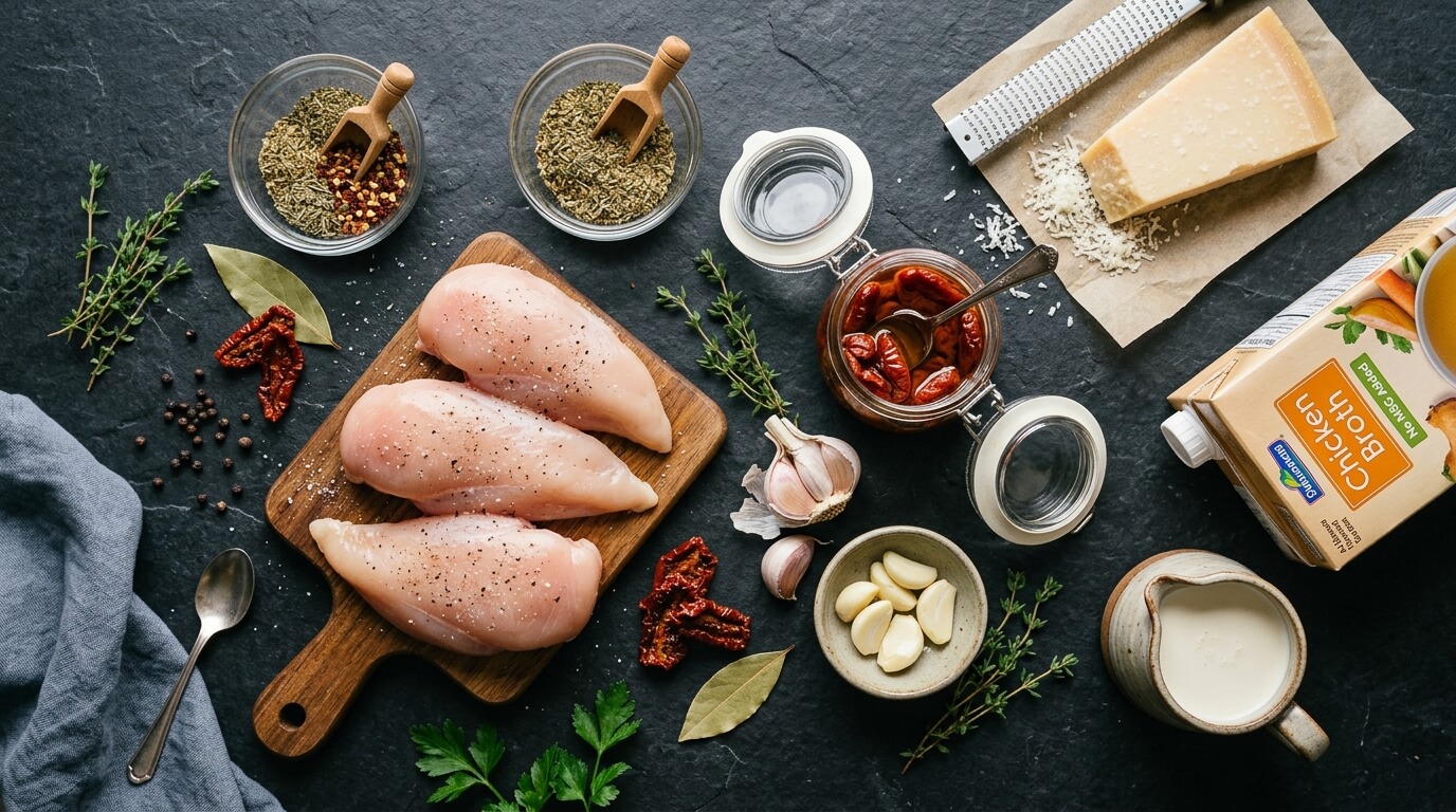 Flat lay arrangement of raw chicken breasts, chicken broth, heavy cream, sun-dried tomatoes, and parmesan cheese on a dark countertop.