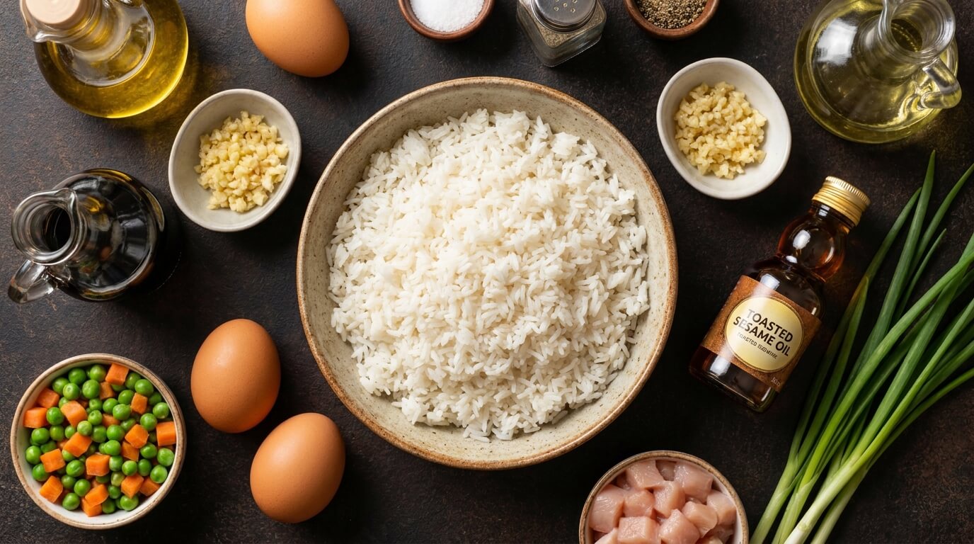 Flat lay arrangement of day-old white rice, eggs, soy sauce, sesame oil, and fresh vegetables on a dark countertop.