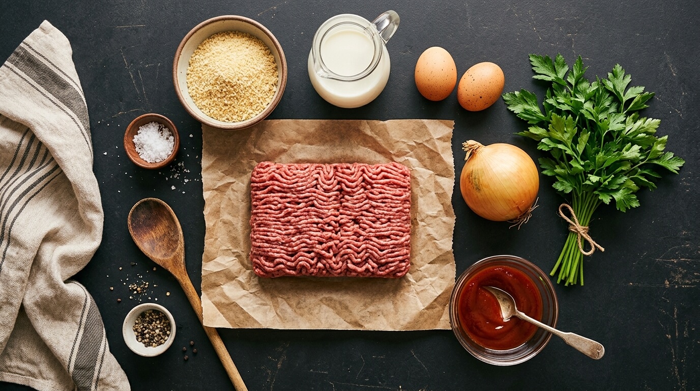 Flat lay arrangement of ground beef, eggs, milk, panko breadcrumbs, onion, and ketchup glaze ingredients on a dark countertop.