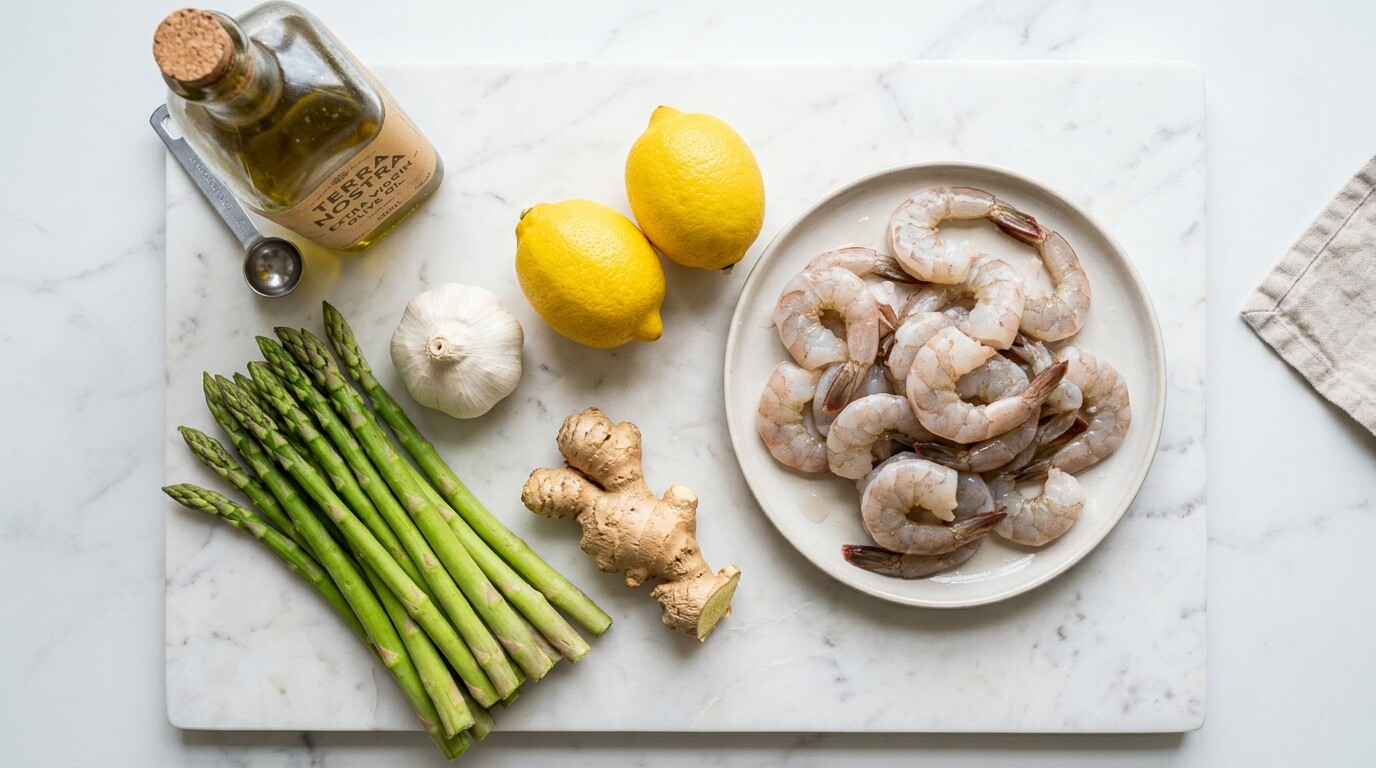 Fresh raw shrimp, green asparagus, garlic, and lemons for a lemon garlic shrimp and asparagus recipe.