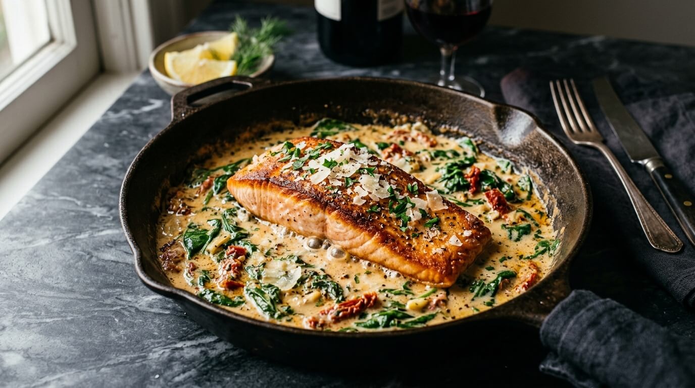 Pan-seared salmon fillet in a rich creamy sun-dried tomato and spinach sauce in a dark cast iron skillet.