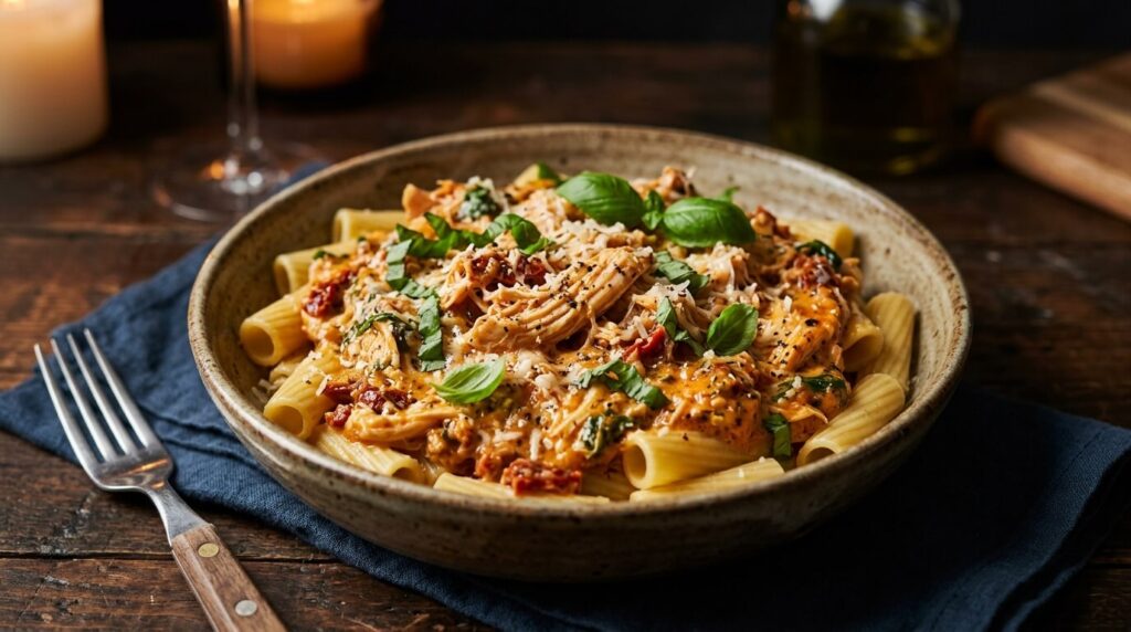 Tender shredded Marry Me Chicken in a creamy sun-dried tomato sauce served over rigatoni pasta in a ceramic bowl.