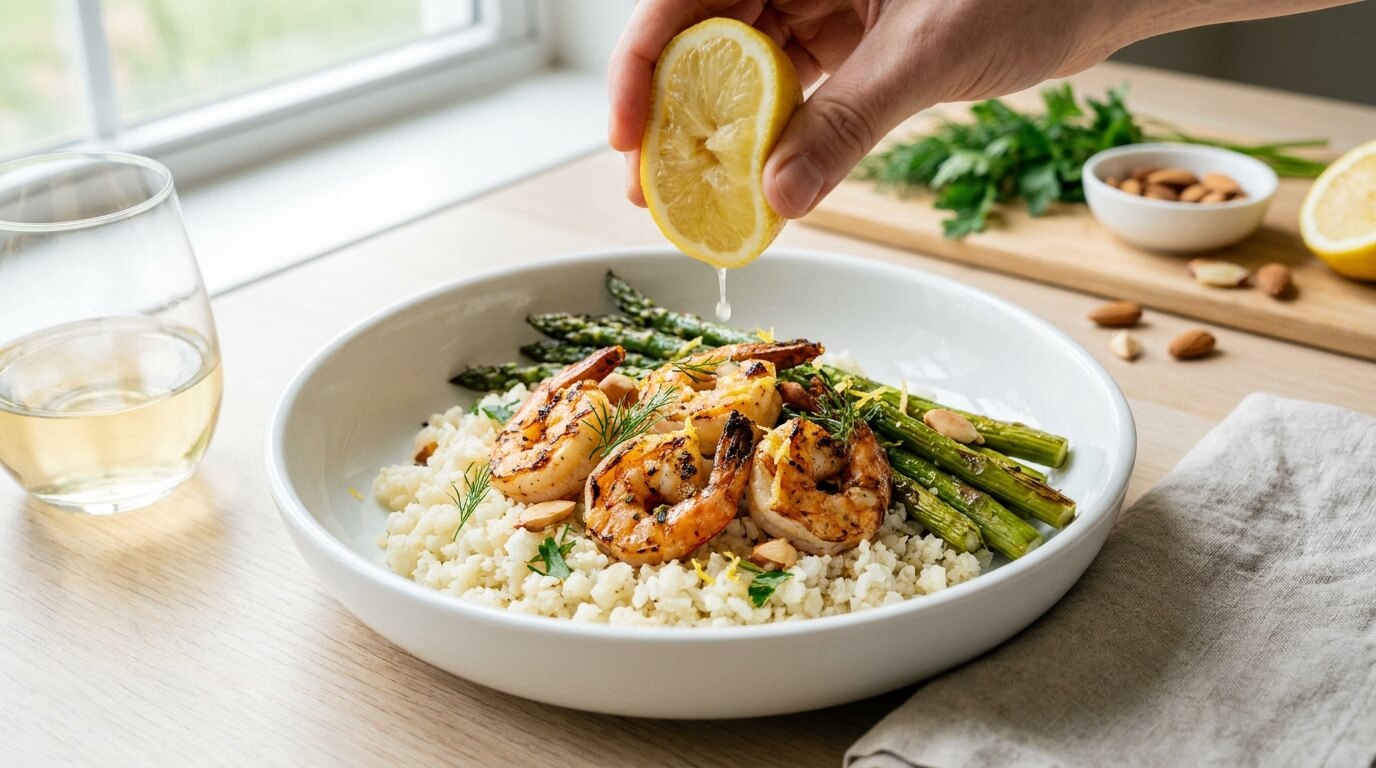 Lemon garlic shrimp and asparagus served over cauliflower rice in a white bowl.