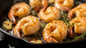 Searing jumbo shrimp to a golden brown in a hot pan with olive oil.