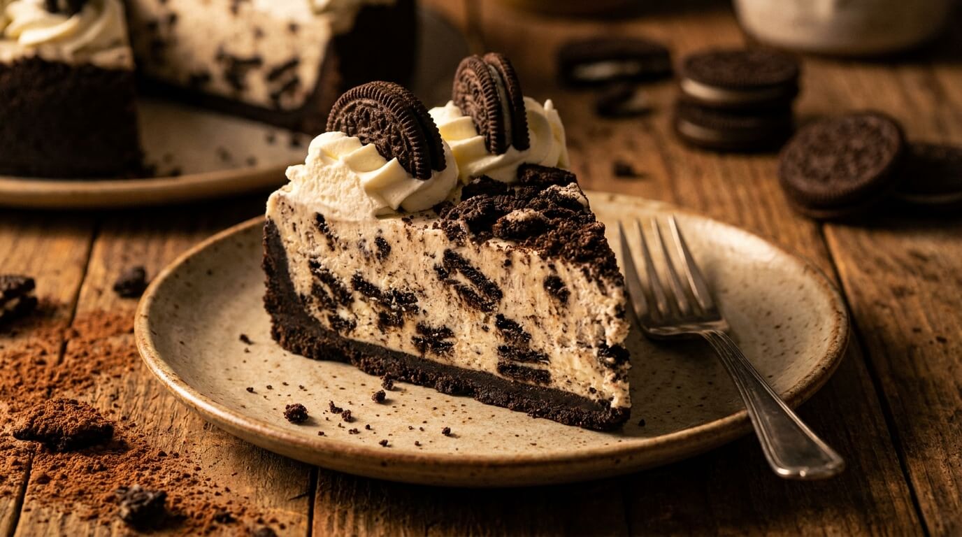 A beautiful slice of no-bake Oreo cheesecake with a thick cookie crust and creamy filling on a ceramic plate.