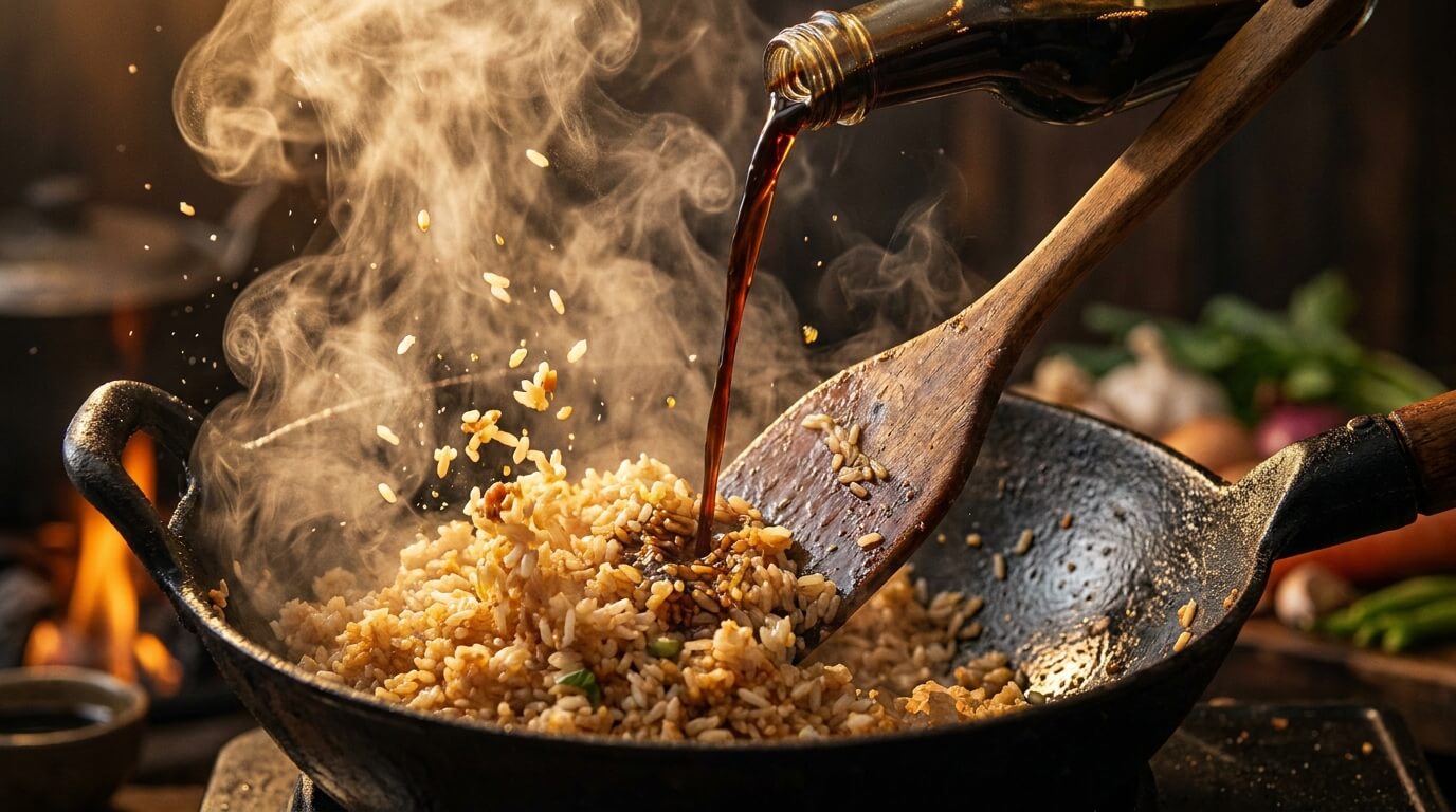 Action shot of soy sauce being poured over sizzling vegetable fried rice in a hot wok with rising steam.