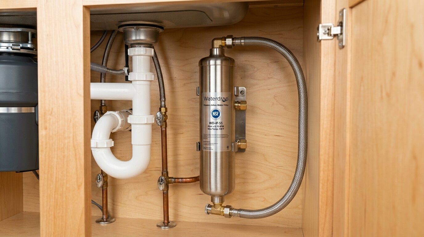 cuzn inline water filter connected directly to kitchen cold water line