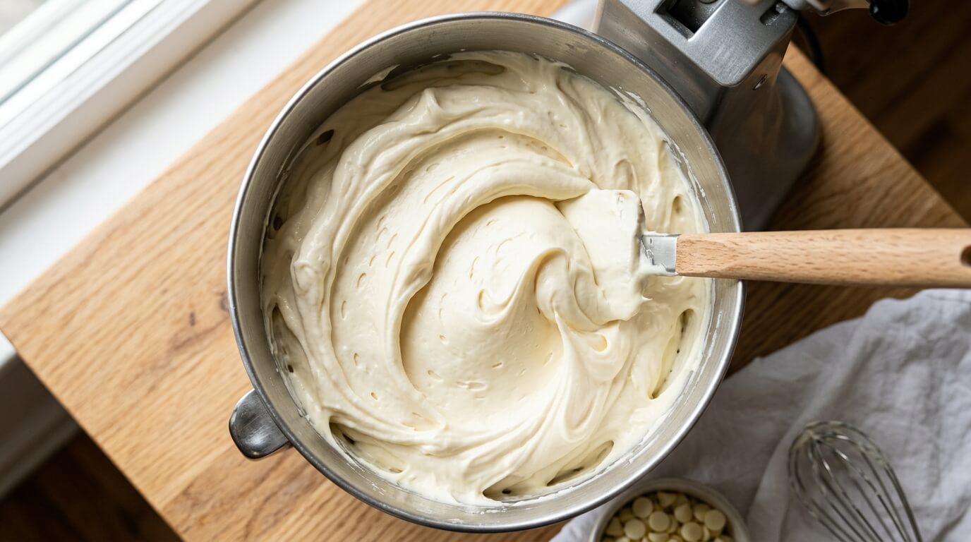 A bowl of whipped, fluffy ivory-colored white chocolate frosting being stirred with a spatula, showing thick and creamy peaks.
