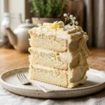 A tall slice of a three-layer white chocolate cake with thick, creamy whipped white chocolate frosting on a ceramic plate.