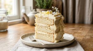 A tall slice of a three-layer white chocolate cake with thick, creamy whipped white chocolate frosting on a ceramic plate.