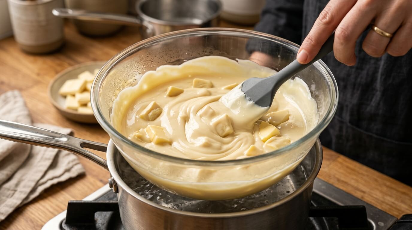 Premium white chocolate and butter melting together in a glass bowl over a saucepan for a white chocolate cake recipe.
