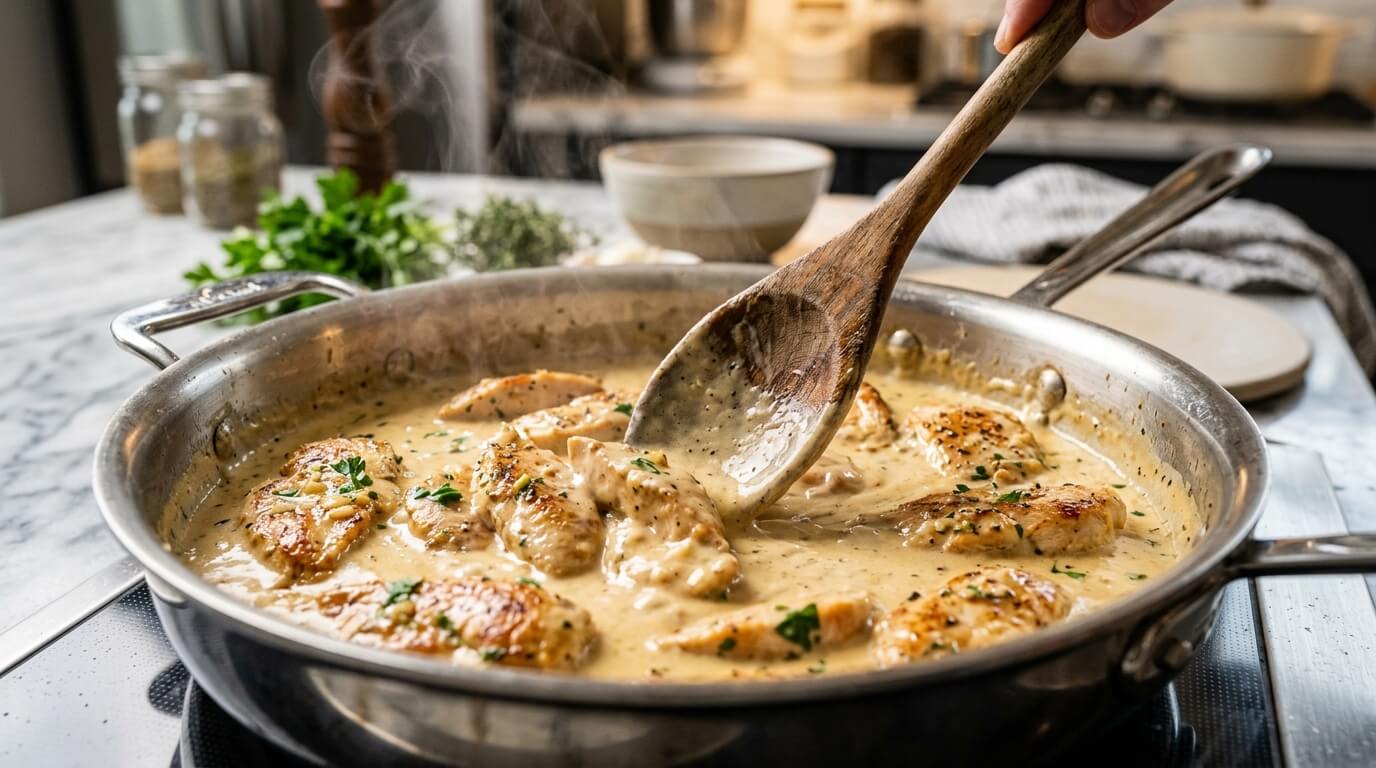 Stirring the creamy garlic butter sauce in a skillet for our chicken recipe