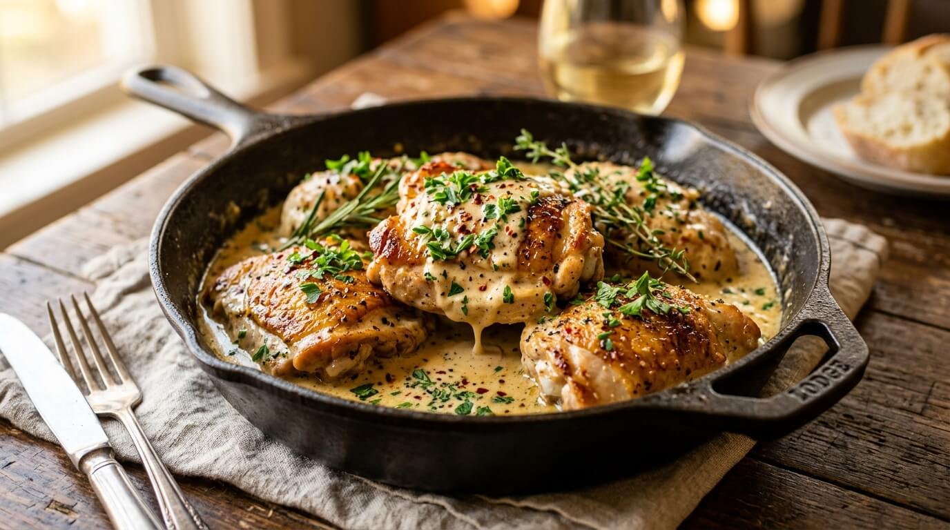 Creamy garlic butter chicken in a cast iron skillet garnished with fresh parsley