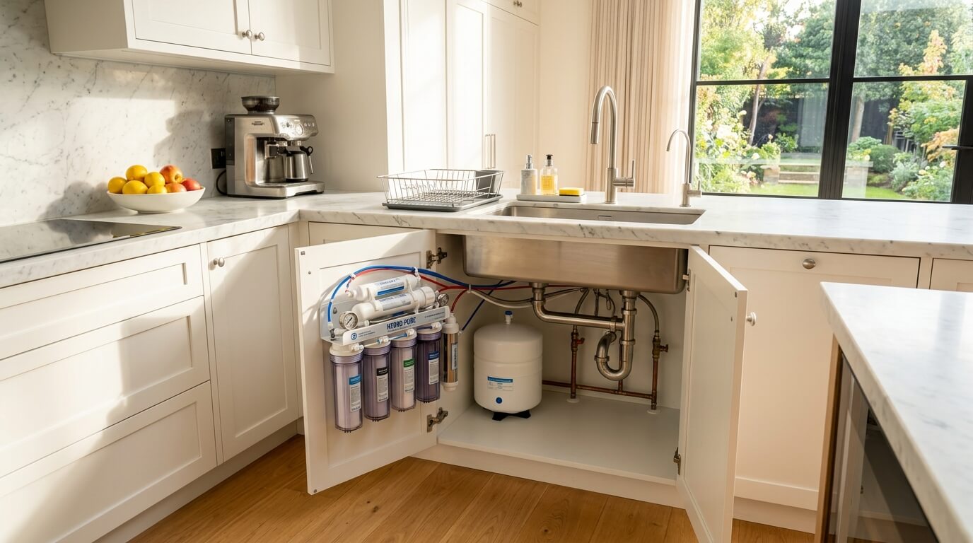 best under sink water filter system installed in a modern luxury kitchen cabinet